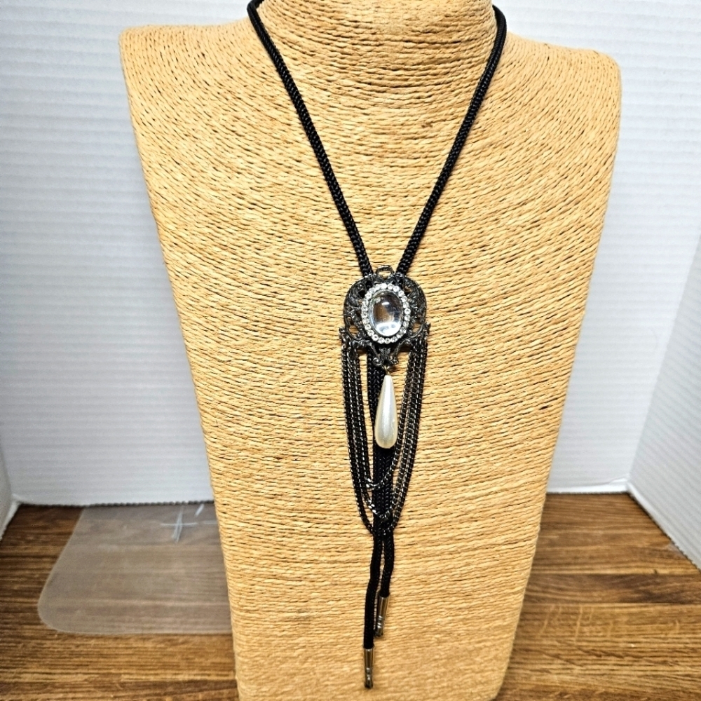 Vintage Glass and Pearl Accent Adjustable Bolo Necklace